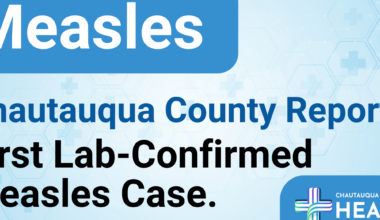 blue background with text Chautauqua county reports first lab confirmed measles case