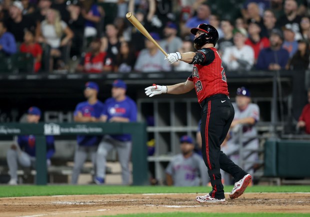 White Sox catcher Jake Rogers watches his two two-run walk-off home run in the ninth inning against the Mets on Aug. 21, 2026, at Rate Field. (Chris Sweda/Chicago Tribune)