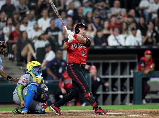 White Sox designated hitter Colson Montgomery watches his solo home run in the sixth inning against the Mets on Aug. 21, 2026, at Rate Field. (Chris Sweda/Chicago Tribune)