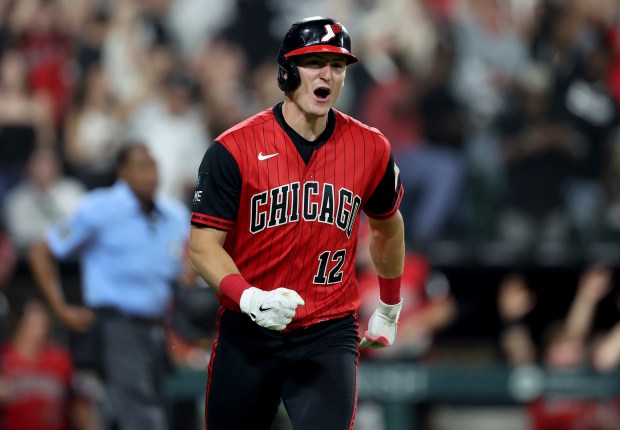 Chicago White Sox designated hitter Colson Montgomery (12) celebrates as he rounds the bases after hitting a solo home run in the sixth inning of a game against the New York Mets at Rate Field in Chicago on Aug. 21, 2026. (Chris Sweda/Chicago Tribune)