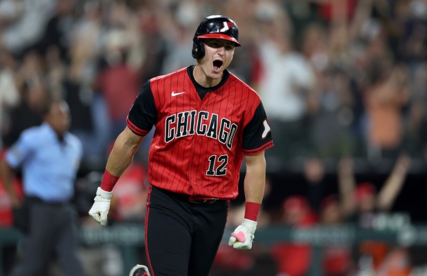 White Sox designated hitter Colson Montgomery celebrates as he rounds the bases after hitting a solo home run in the sixth inning against the Mets on Aug. 21, 2026, at Rate Field. (Chris Sweda/Chicago Tribune)