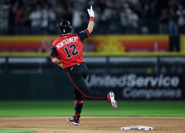 White Sox designated hitter Colson Montgomery celebrates as he rounds the bases after hitting a solo home run in the sixth inning against the Mets on Aug. 21, 2026, at Rate Field. (Chris Sweda/Chicago Tribune)