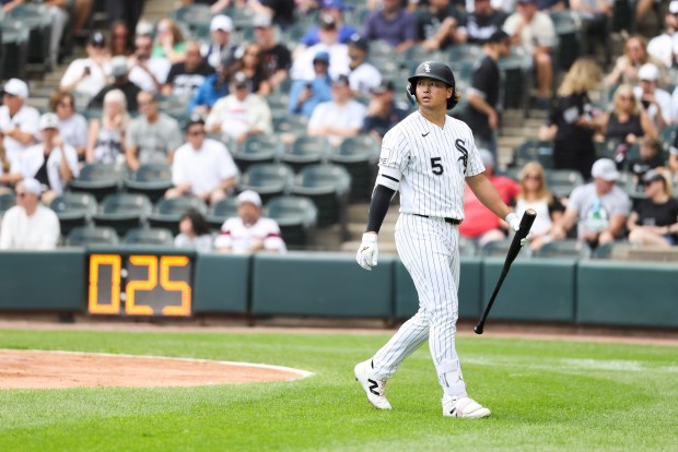 Chicago White Sox first baseman Munetaka Murakami (5) walks away from the plate after being called out on strikes in the first inning against the New York Mets at Rate Field on Aug. 23, 2026. (Eileen T. Meslar/Chicago Tribune)