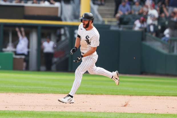 Chicago White Sox center fielder Tristan Peters (29) celebrates after hitting a home run in the ninth inning to win the game 2-1 against the New York Mets at Rate Field on Aug. 23, 2026. (Eileen T. Meslar/Chicago Tribune)