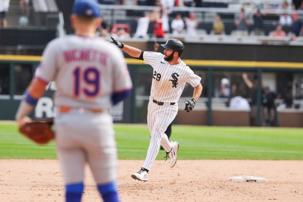Chicago White Sox center fielder Tristan Peters (29) celebrates after hitting a home run in the ninth inning to win the game 2-1 against the New York Mets at Rate Field on Aug. 23, 2026. (Eileen T. Meslar/Chicago Tribune)