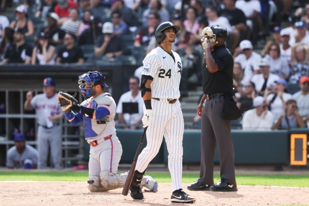 Chicago White Sox right fielder Braden Montgomery (24) is called out on strikes in the eighth inning against the New York Mets at Rate Field on Aug. 23, 2026. (Eileen T. Meslar/Chicago Tribune)