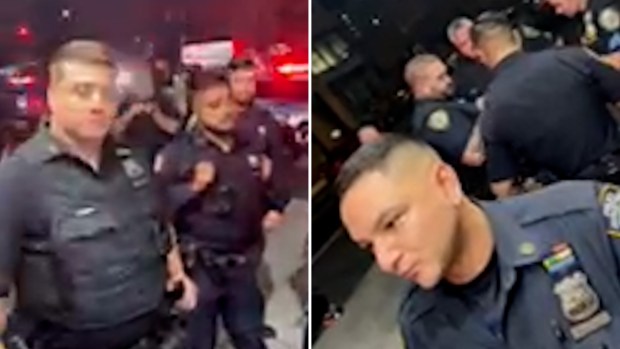 Cellphone video captured by Shamel Kelly shows a large group of police officers outside a Brooklyn bar, which the owner claims happened after he refused to pay the ex-NYPD commissioner's twin brother allegedly to keep cops from enforcing noise complaints. (Courtesy of Shamel Kelly)