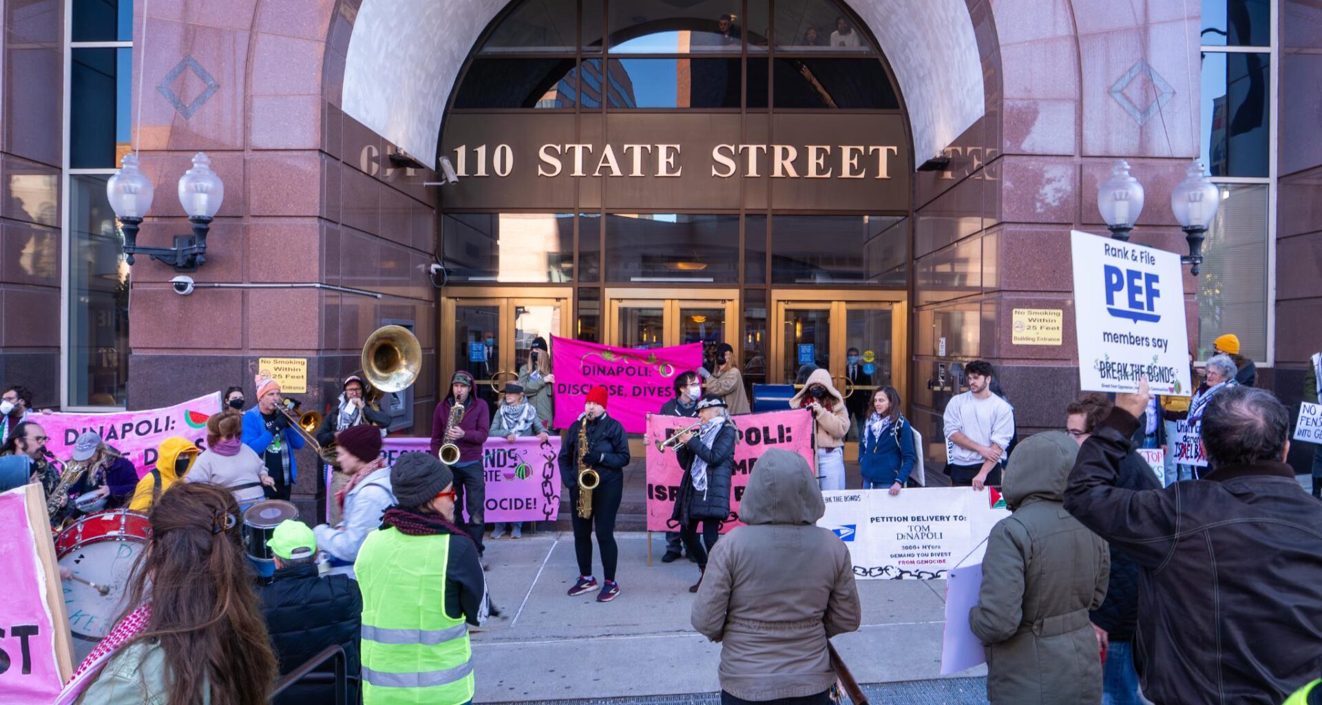 Activists protest New York State Comptroller Thomas DiNapoli's purchasing of Israel Bonds in Albany, New York, on October 16, 2025.
