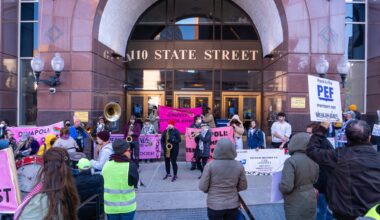 Activists protest New York State Comptroller Thomas DiNapoli's purchasing of Israel Bonds in Albany, New York, on October 16, 2025.