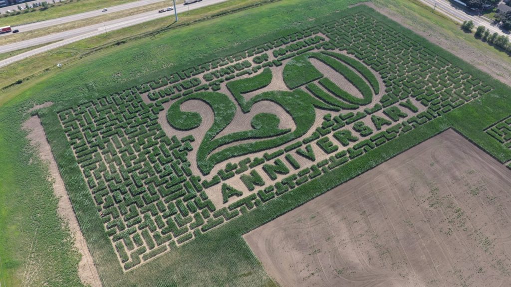 aerial shot of the brooklyn park corn maze that reads united state of america 250 anniversary