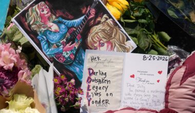 A fan's tribute to Dolly Parton is pictured at the country music icon's star on the Hollywood Walk of Fame after her death at the age of 80. (AP Photo/Chris Pizzello)