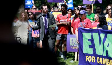 Evan MacKay, a Massachusetts House candidate, spoke at a rally and canvassing event in Cambridge on Aug. 15 with Claire Valdez, a Democratic nominee for Congress in New York.