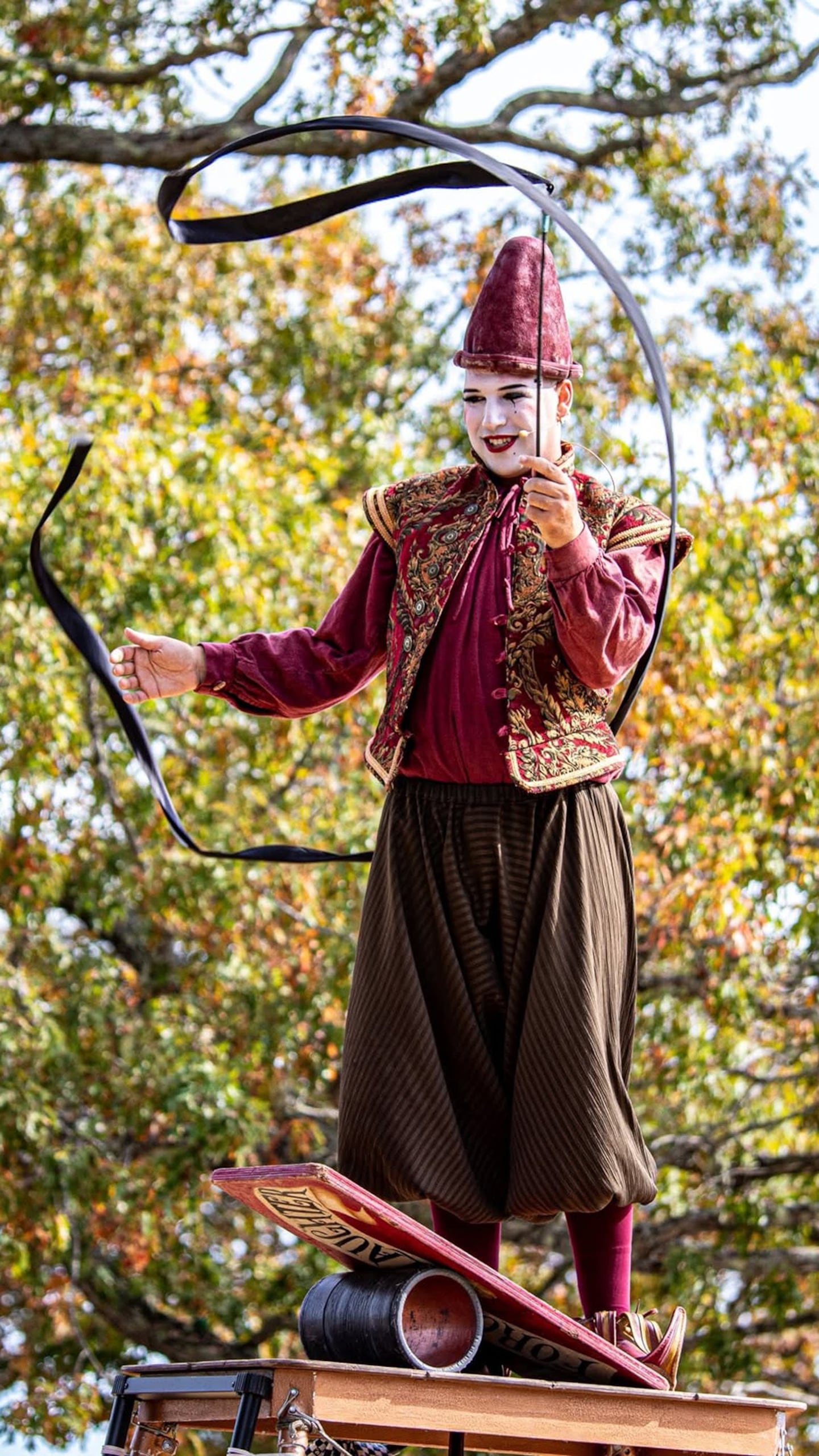 A ribbon mime performing at the annual King Richard’s Faire in Carver, Mass., which runs on weekends from Sept. 5 through Oct. 25.