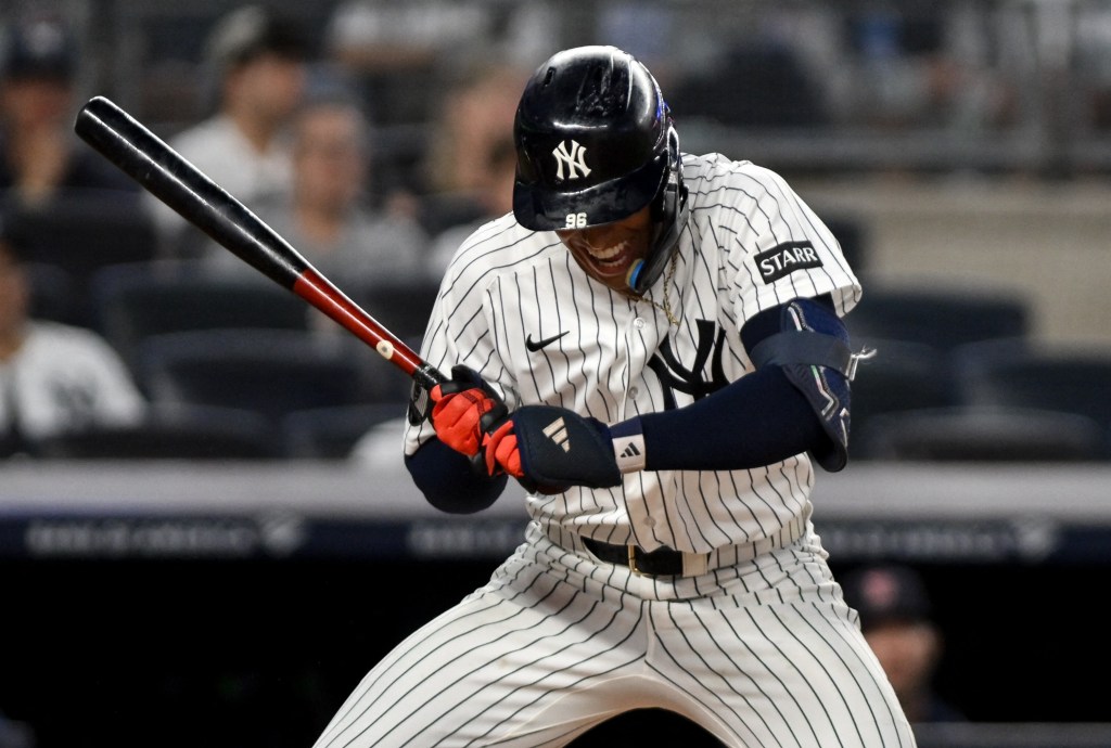 George Lombard Jr., who exited the game with a likely right knee injury, grimaces after checking his swing during the second inning of the second game of the Yankees-Red Sox split doubleheader on Aug. 29, 2026 at the Stadium.