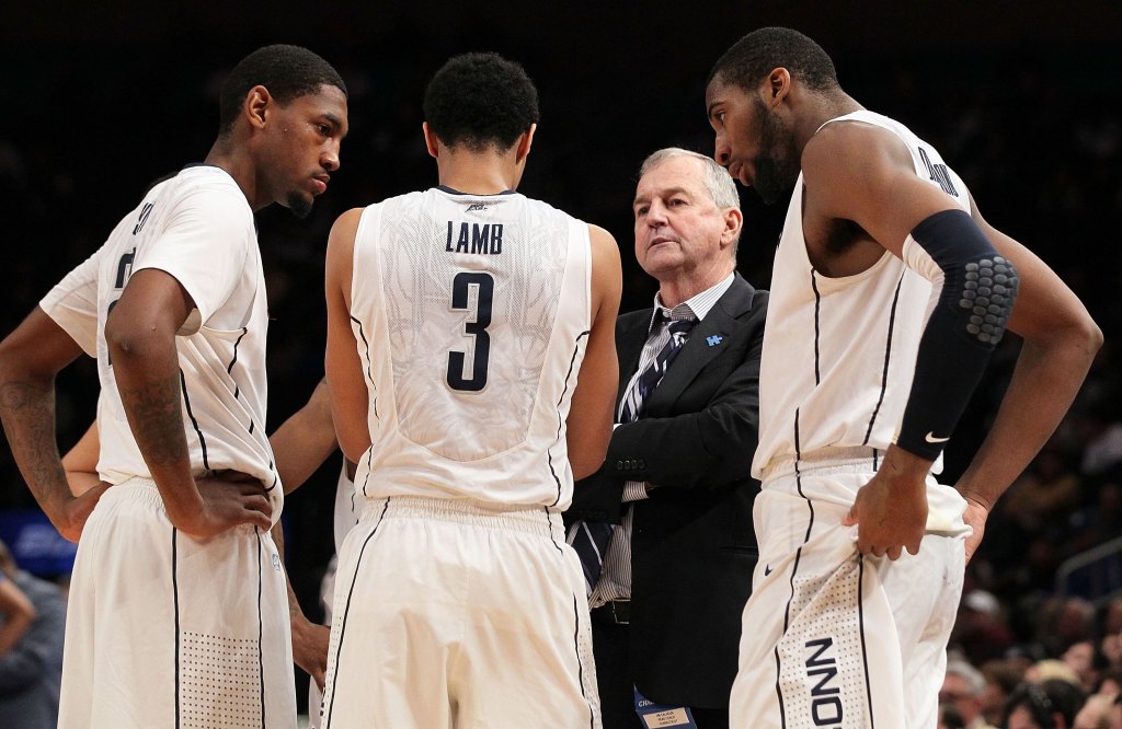 NEW YORK, NY - MARCH 06:  Head coach Jim Calhoun (2nd R) of the Connecticut Huskies talks to his players Roscoe Smith #22 (L), Jeremy Lamb #3 and Andre Drummond #12 during a timeout against the DePaul Blue Demons during their first round game of the 2012 Big East Men's Basketball Tournament at Madison Square Garden on March 6, 2012 in New York City. 