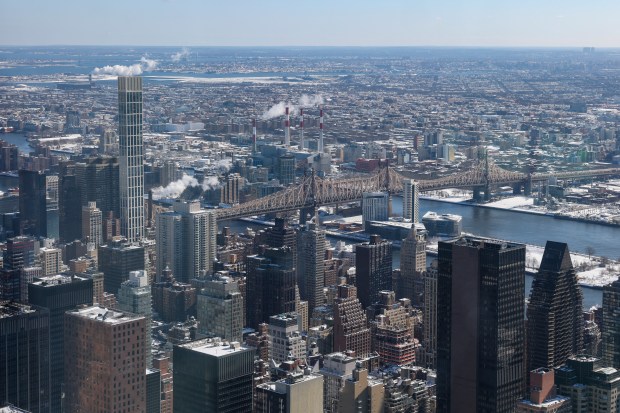 An aerial view of Manhattan and Queens is seen on February 24, 2026 in New York City. (Photo by ANGELA WEISS / AFP via Getty Images)