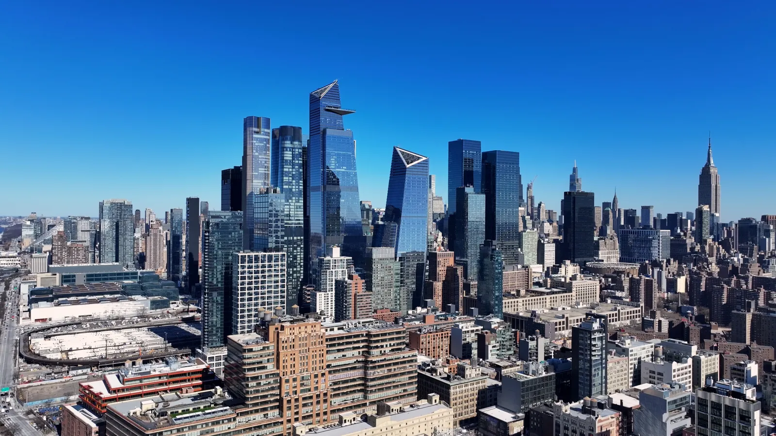 An aerial view of high-rise buildings in Lower Manhattan area.