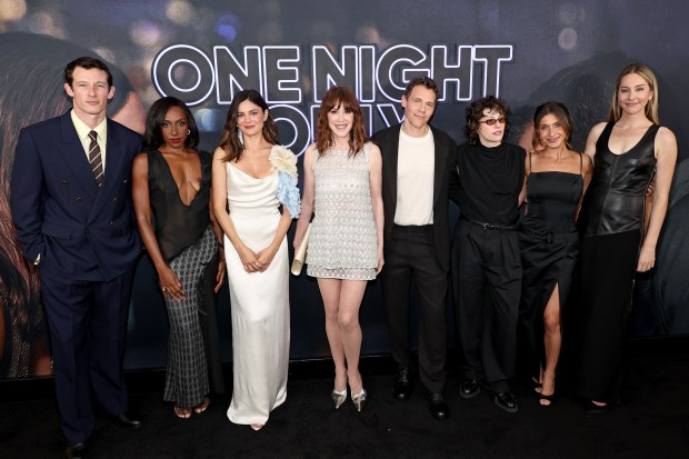 NEW YORK, NEW YORK - AUGUST 03: (L-R) Callum Turner, Ziwe Fumudoh, Monica Barbaro, Molly Ringwald, Will Gluck, King Princess, Jacqueline Monetta and Este Haim attend the "One Night Only" New York Premiere at SVA Theater on August 03, 2026 in New York City. (Photo by Jamie McCarthy/Getty Images)