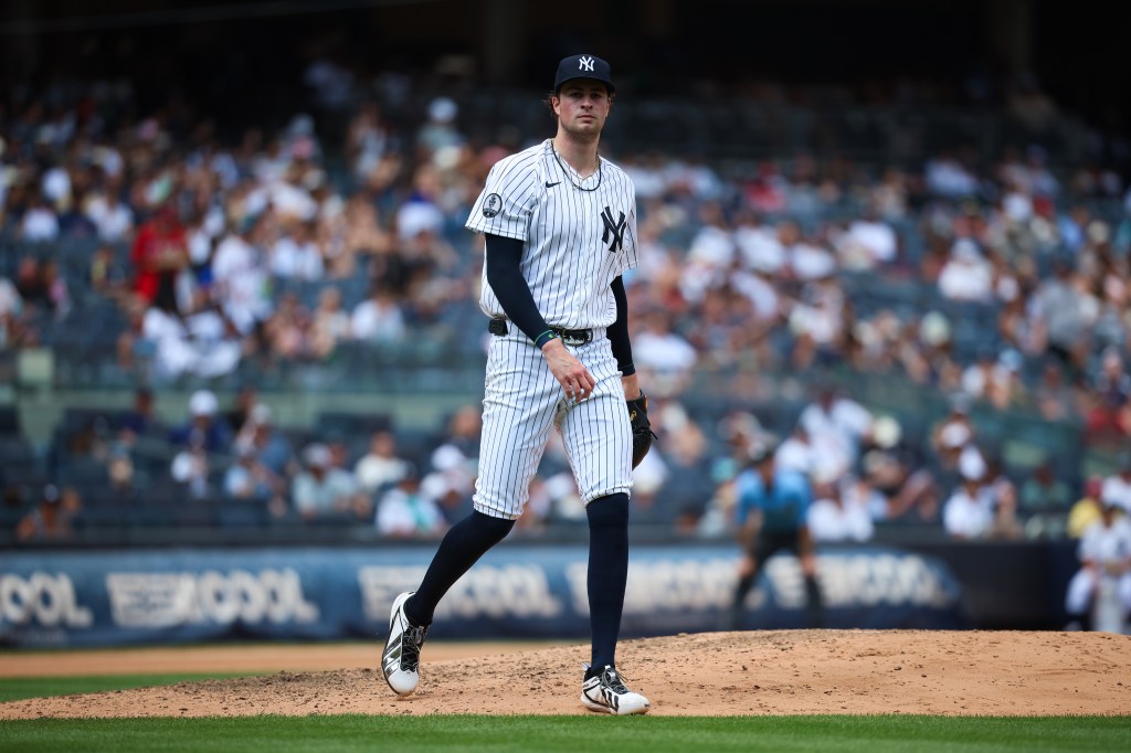Cam Schlittler looks on during the game against the Atlanta Braves at Yankee Stadium on August 9, 2026 in New York, New York.