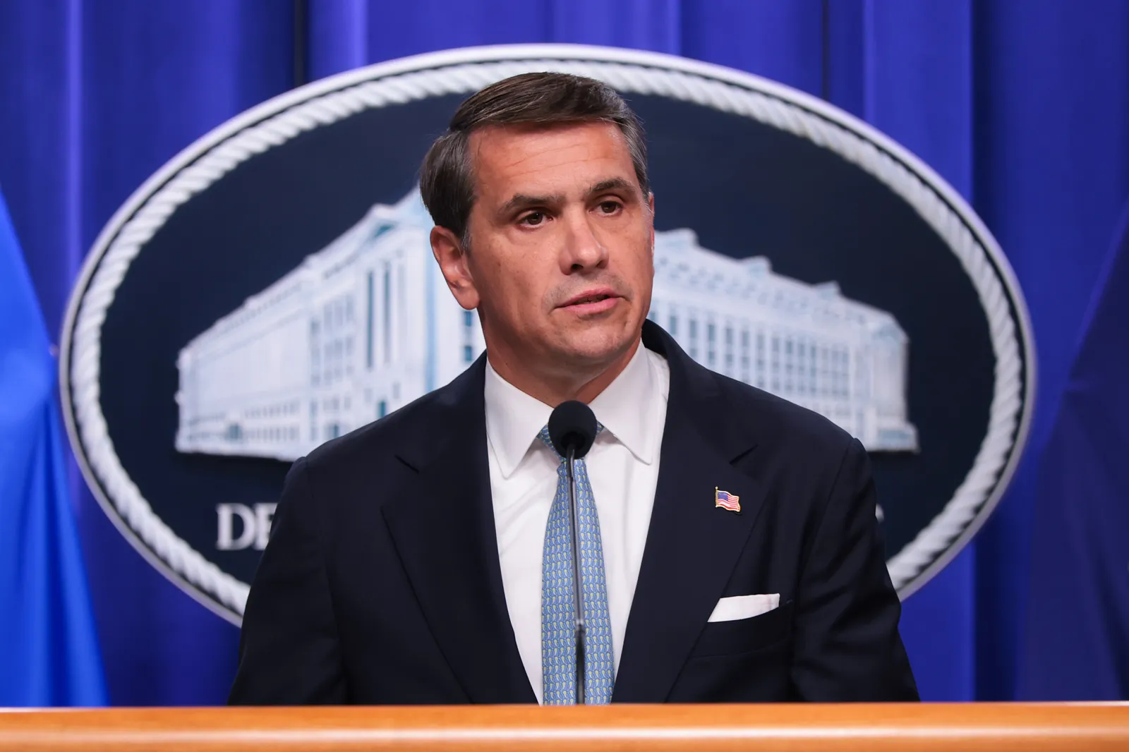 Acting U.S. Attorney General Todd Blanche speaks during a news conference at the Robert F. Kennedy Department of Justice building on August 05, 2026 in Washington, DC.