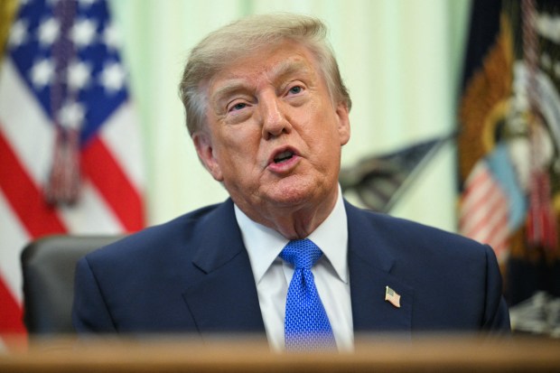 President Donald Trump speaks in the Oval Office.