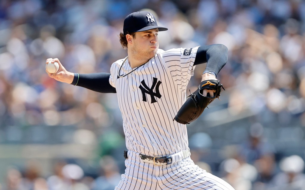 Cam Schlittler pitches during the first inning against the Atlanta Braves at Yankee Stadium on August 09, 2026 in New York City. 