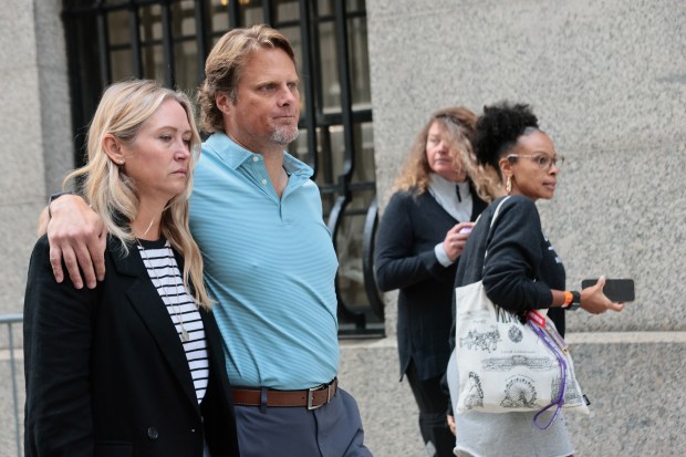 The family of Brian Thompson leaves Thurgood Marshall United States Courthouse after a Luigi Mangione court hearing on Aug. 14, 2026 in New York City. (Photo by Michael M. Santiago/Getty Images)