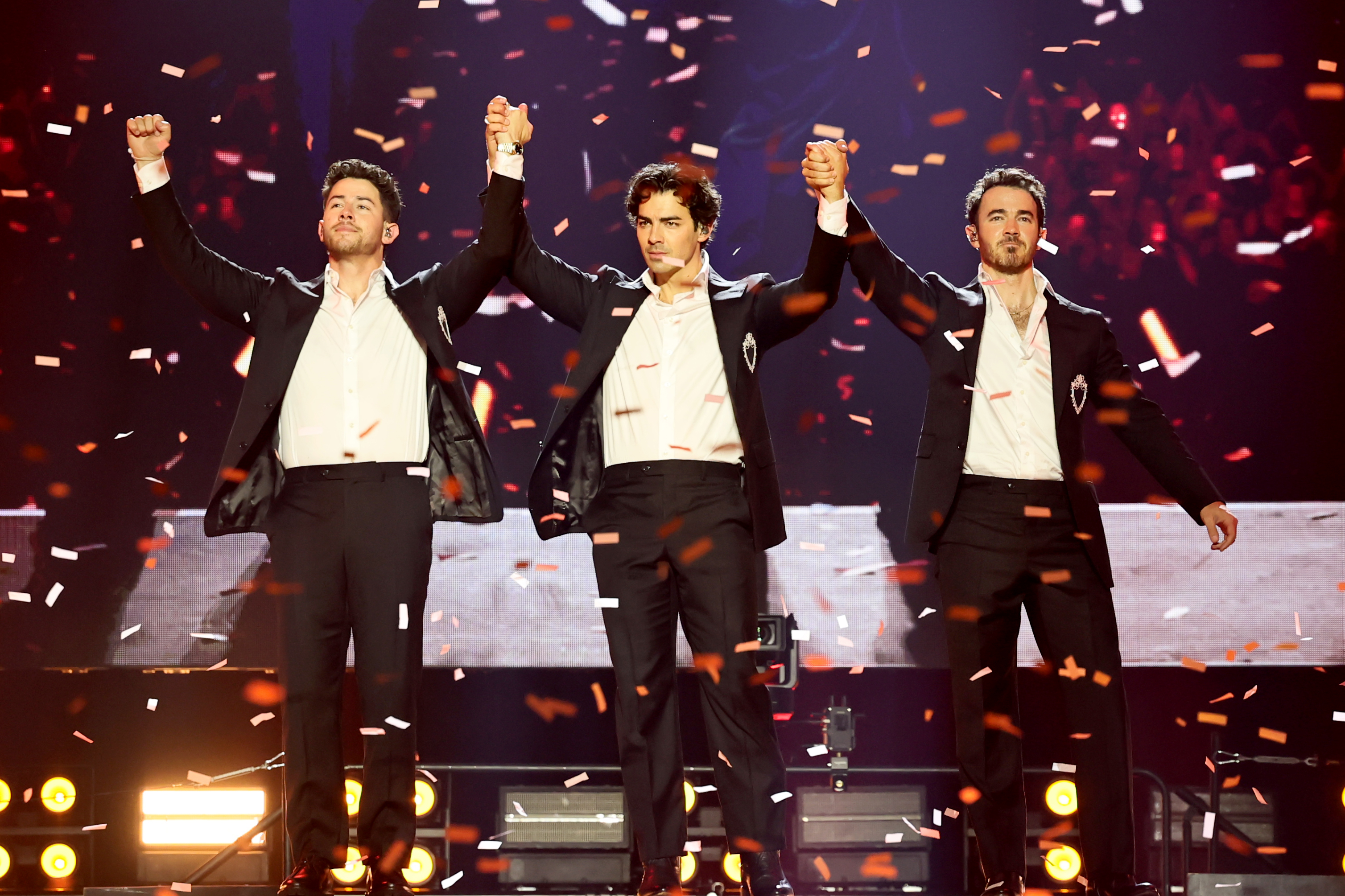 NEW YORK, NEW YORK - AUGUST 20: (L-R) Nick Jonas, Joe Jonas, and Kevin Jonas perform onstage during Jonas Brothers: The Burning Up Tour All Over Again - New York at Madison Square Garden on August 20, 2026 in New York City. (Photo by Theo Wargo/Getty Images for Live Nation)