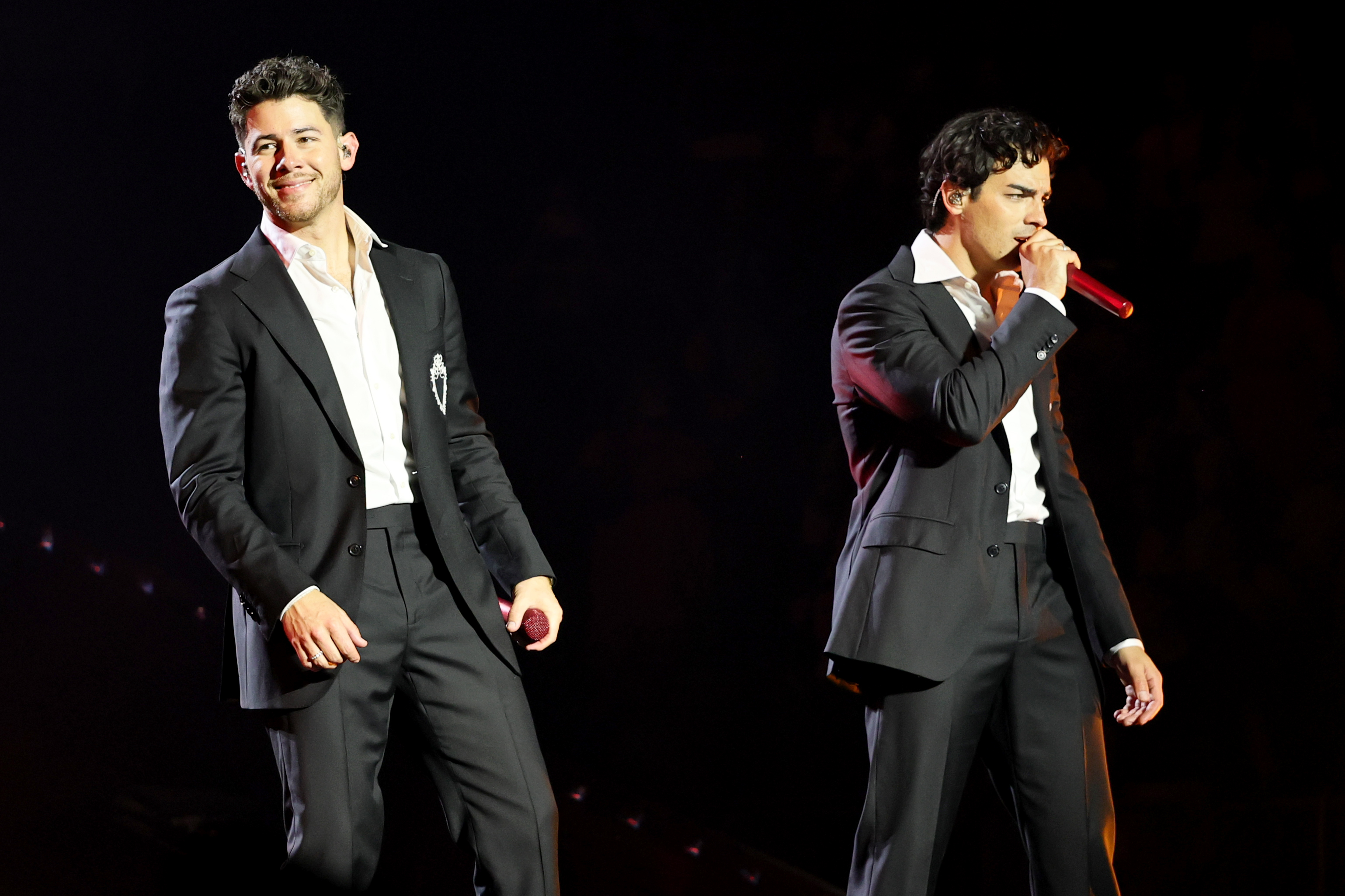 NEW YORK, NEW YORK - AUGUST 20: (L-R) Nick Jonas and Joe Jonas perform onstage during Jonas Brothers: The Burning Up Tour All Over Again - New York at Madison Square Garden on August 20, 2026 in New York City. (Photo by Theo Wargo/Getty Images for Live Nation)