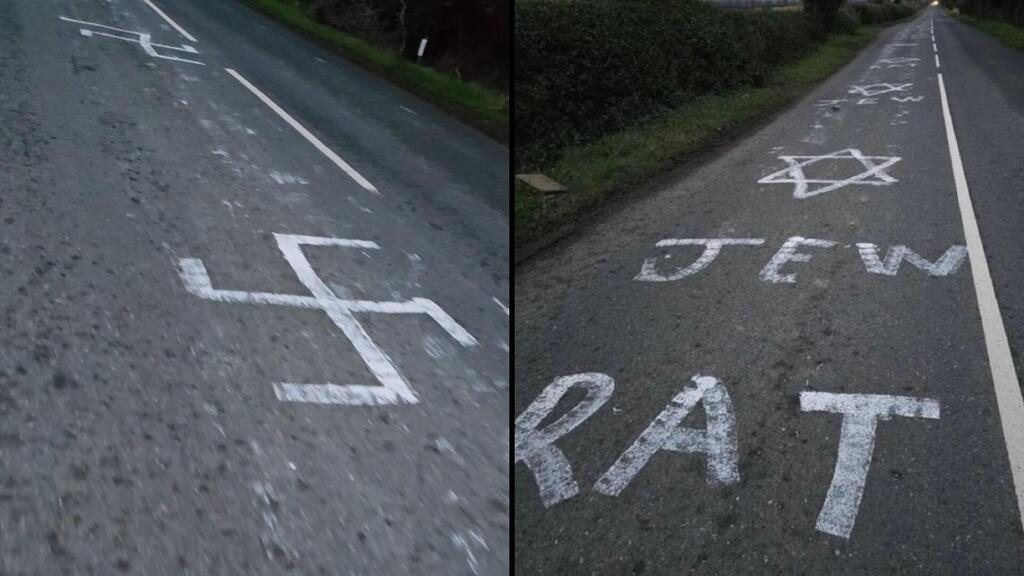 Swastikas and 'Jew rat' graffiti in Ireland (Photo: from X) כתובת "יהודי עכברוש" (מימין) וצלבי קרס באירלנד
