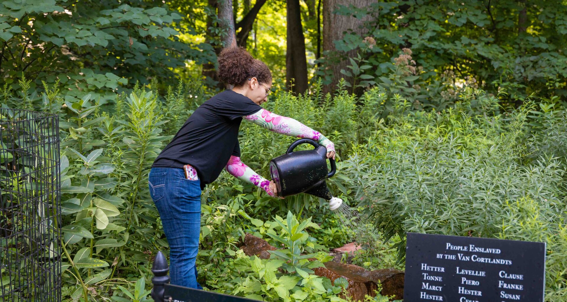 A young woman watering plants in a park, on the right a sign displays the names of enslaved people who may be buried there,