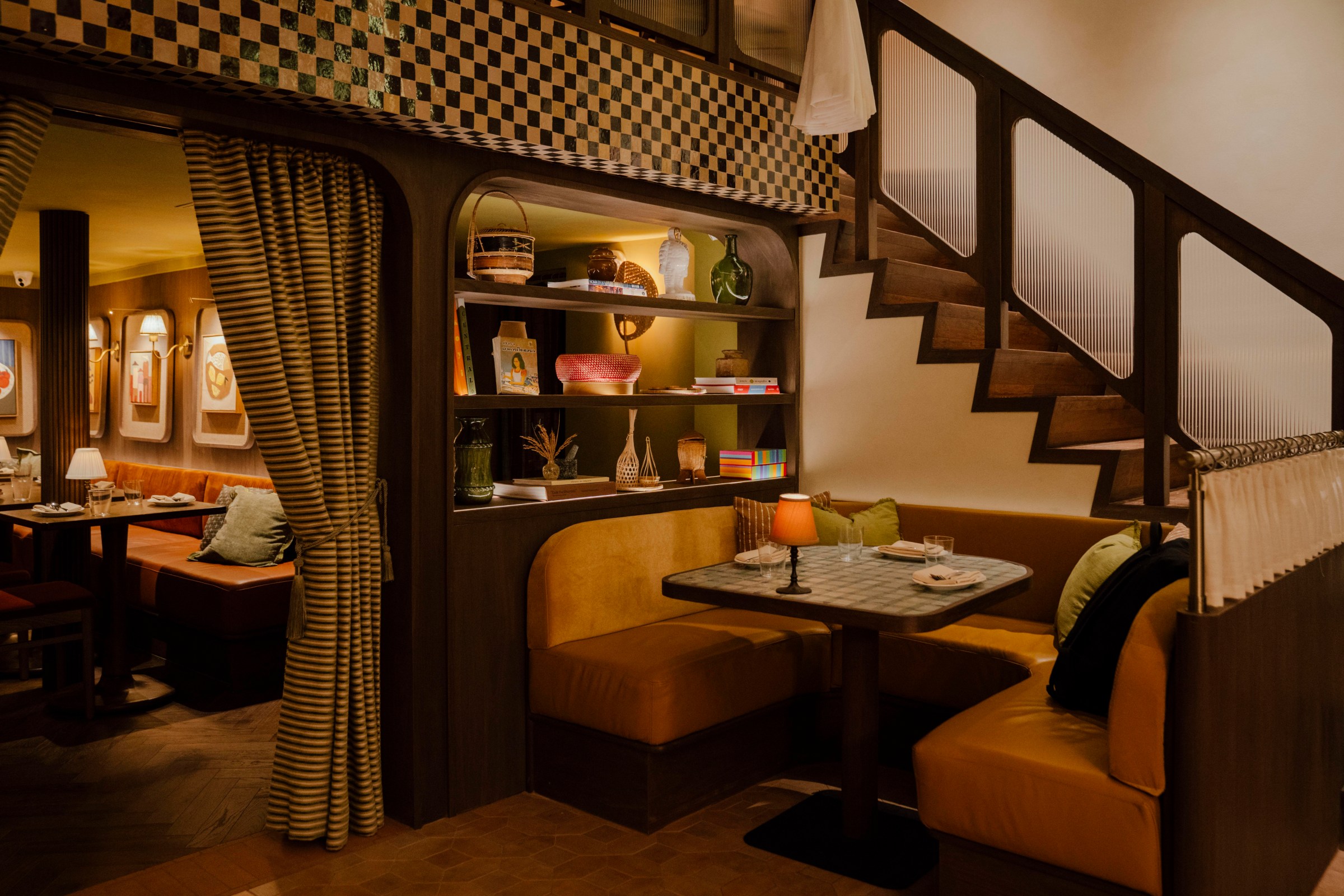 A dining booth at a restaurant.