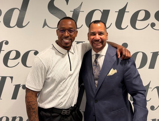 Jarrell Daniels, left, and Nigel Farinha, a prosecutor at the Office of the Special Narcotics Prosecutor. (Photo courtesy of the Office of the Special Narcotics Prosecutor)