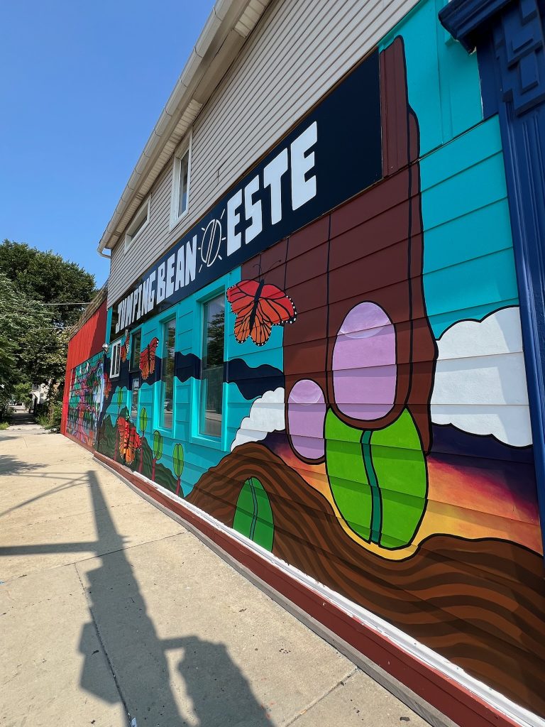 The mural outside the new Cafe Jumping Bean, 2025 S. Halsted St., in Pilsen, was painted by owner Eleazar Delgado's brother, Guillermo Delgado.