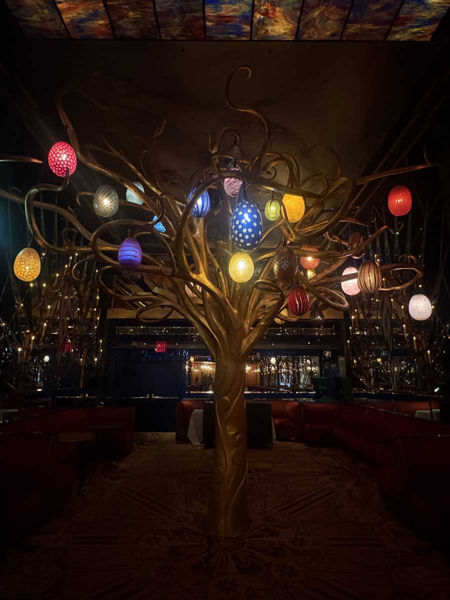 A Fabergé egg-inspired tree sculpture on display at The Russian Tea Room.