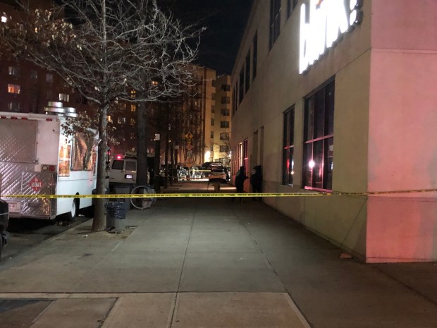 The scene where two teens, 17- and 15-years-old, were shot outside 1491 Macombs Ave. in the Bronx on Jan. 3, 2025. (Kerry Burke / New York Daily News)