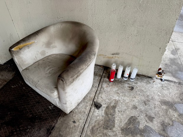 A small memorial at the place where a 50-year-old man was fatally shot on Sagamore St. in Bronxdale on Monday, Aug. 3, 2026. (Rebecca White / New York Daily News)