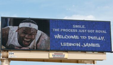 A billboard welcome sign for new Sixers LeBron James along Packer Ave., in South Philadelphia on Friday, July 24, 2026.