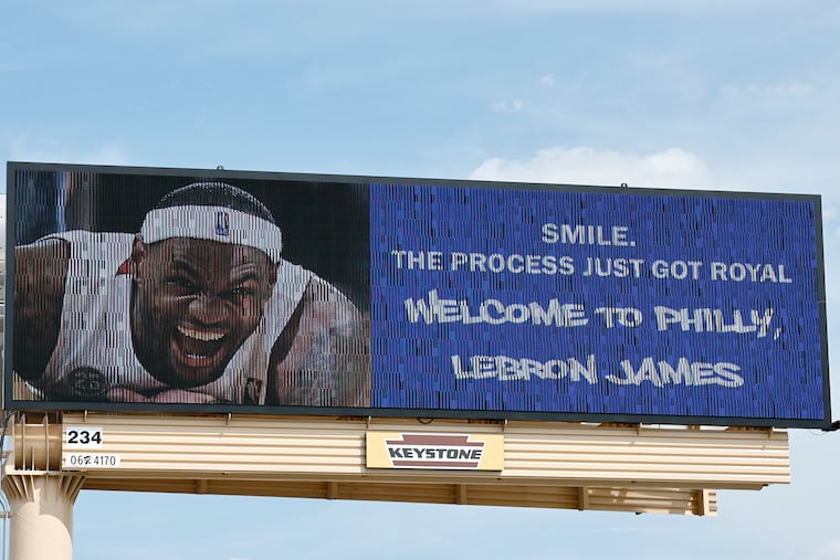 A billboard welcome sign for new Sixers LeBron James along Packer Ave., in South Philadelphia on Friday, July 24, 2026.