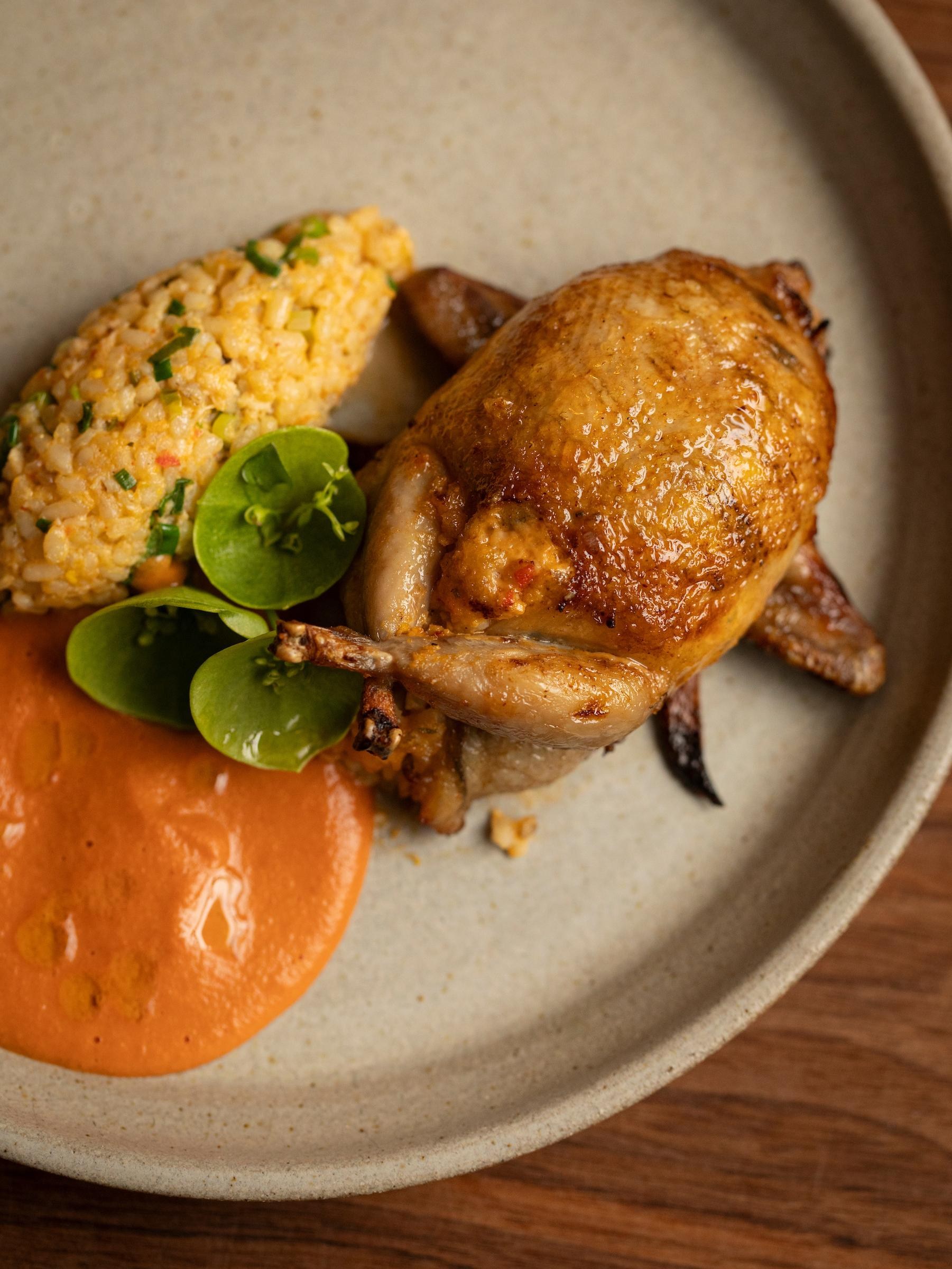 A little roasted quail on a plate with an orange sauce and yellow rice.