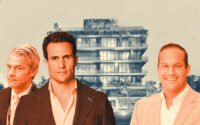 Serhant's Angel Nicolas and Ryan Serhant with Meta Development CEO Andrew Rasken and a rendering of Opus Coconut Grove