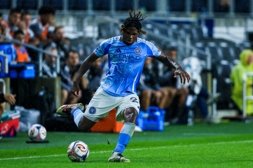 New York City FC defender Tayvon Gray (24) kicks the ball against FC Cincinnati in the second half at TQL Stadium.