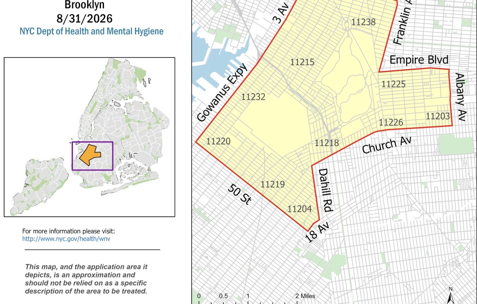 This map shows the approximate areas in Brooklyn where mosquito control spraying will take place Monday. Map: NYCDOH