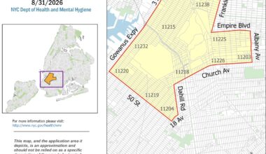 This map shows the approximate areas in Brooklyn where mosquito control spraying will take place Monday. Map: NYCDOH