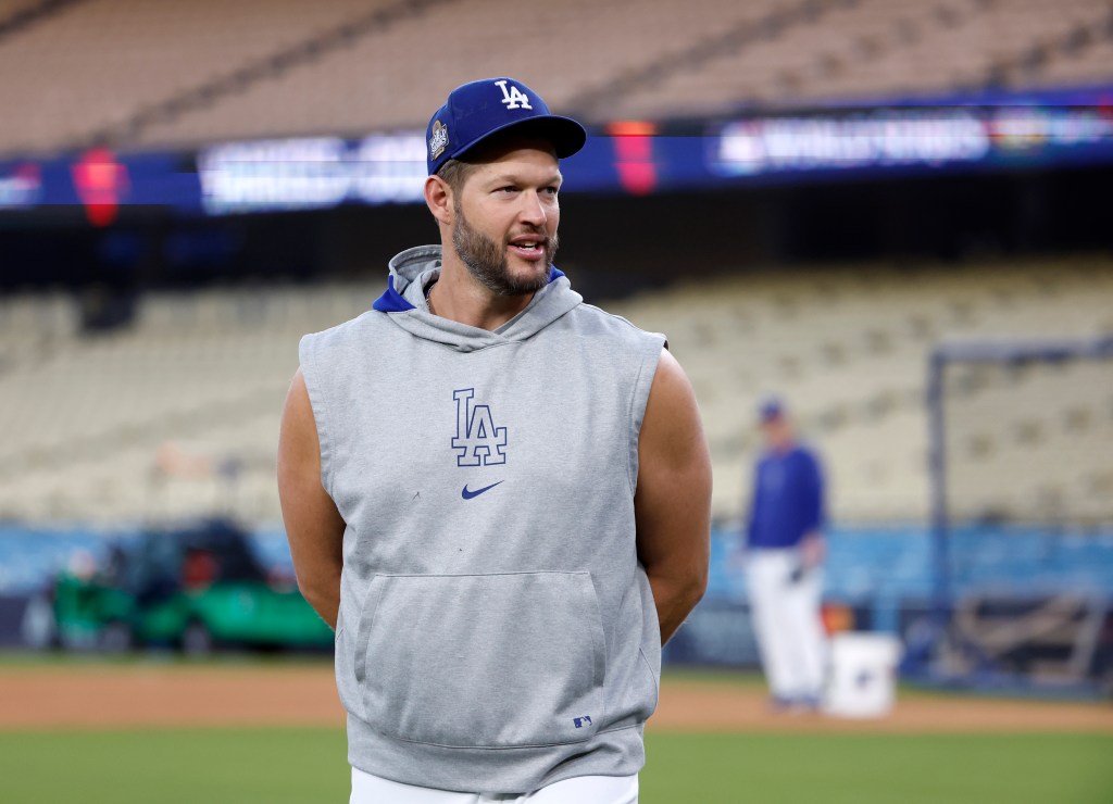 Los Angeles Dodgers pitcher Clayton Kershaw is seen during batting practice during Media Day on the eve of the 2024 MLB World Series on Thursday, Oct. 24, 2024, at Dodgers Stadium in Los Angeles, California. (JASON SZENES/NEW YORK POST)