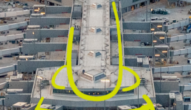 Newark Airport with an overlay illustration of a face