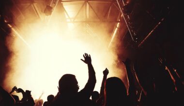 Silhouetted concertgoers raise their hands toward a bright, hazy stage light in a dark venue.