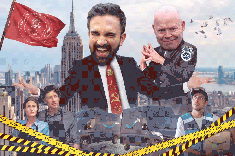 Illustration of the gig economy and potential for unionization, with two large, grinning men looming over concerned workers and Amazon Prime vans, with a "Democratic Socialists of America" flag and caution tape with "STOP" written on it.