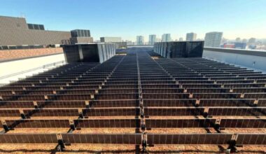 A New York building put a hundred kilowatts of solar panels upright on a green roof and gets about 120,000 kilowatt-hours a year out of them, against 116,000 from a tilted array on the same roof, because the point was never the total and always the shape