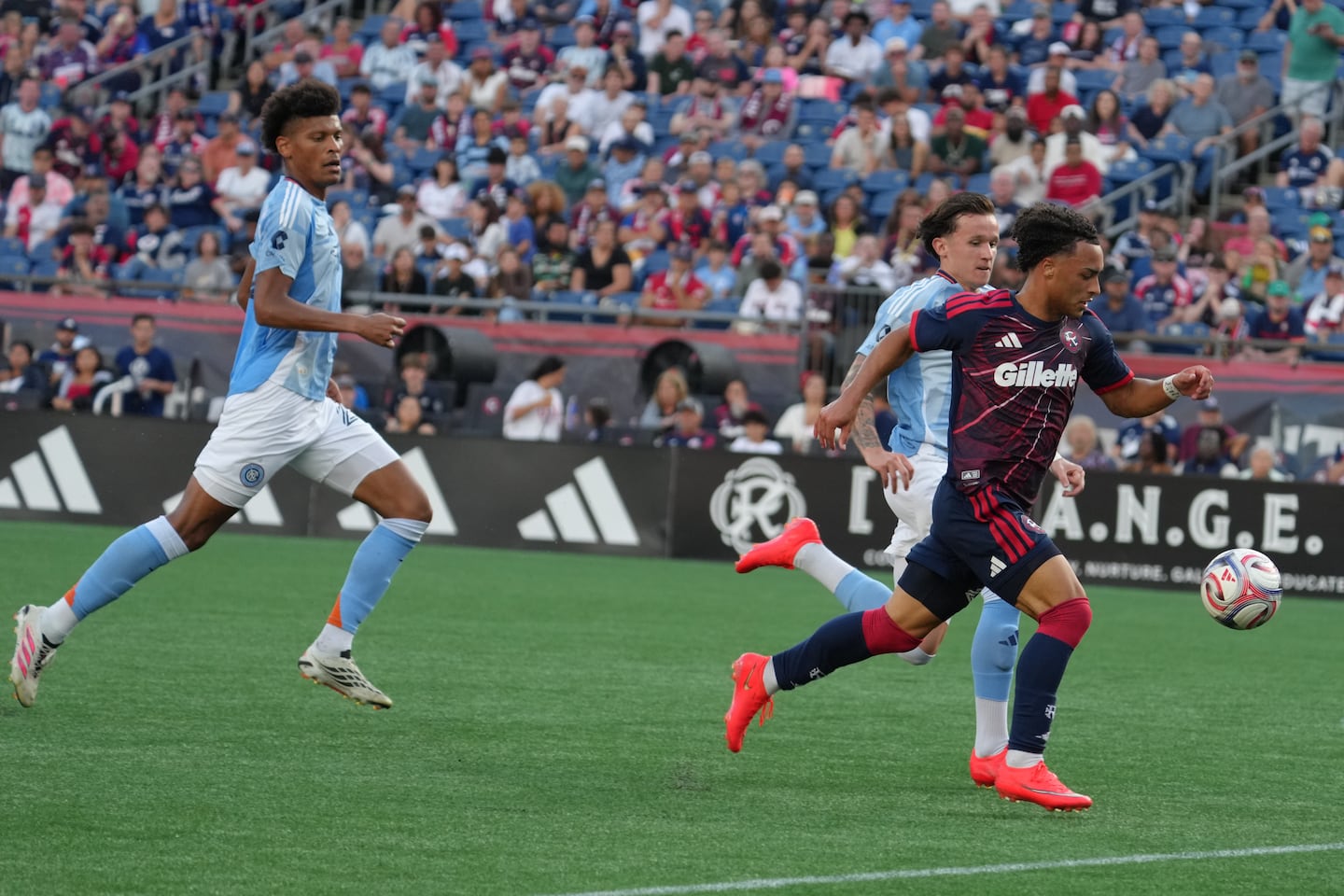 Peyton Miller repeatedly challenged the New York City FC defense on Sunday, Aug. 23, 2026, at Gillette Stadium, and drew a penalty in the first half.